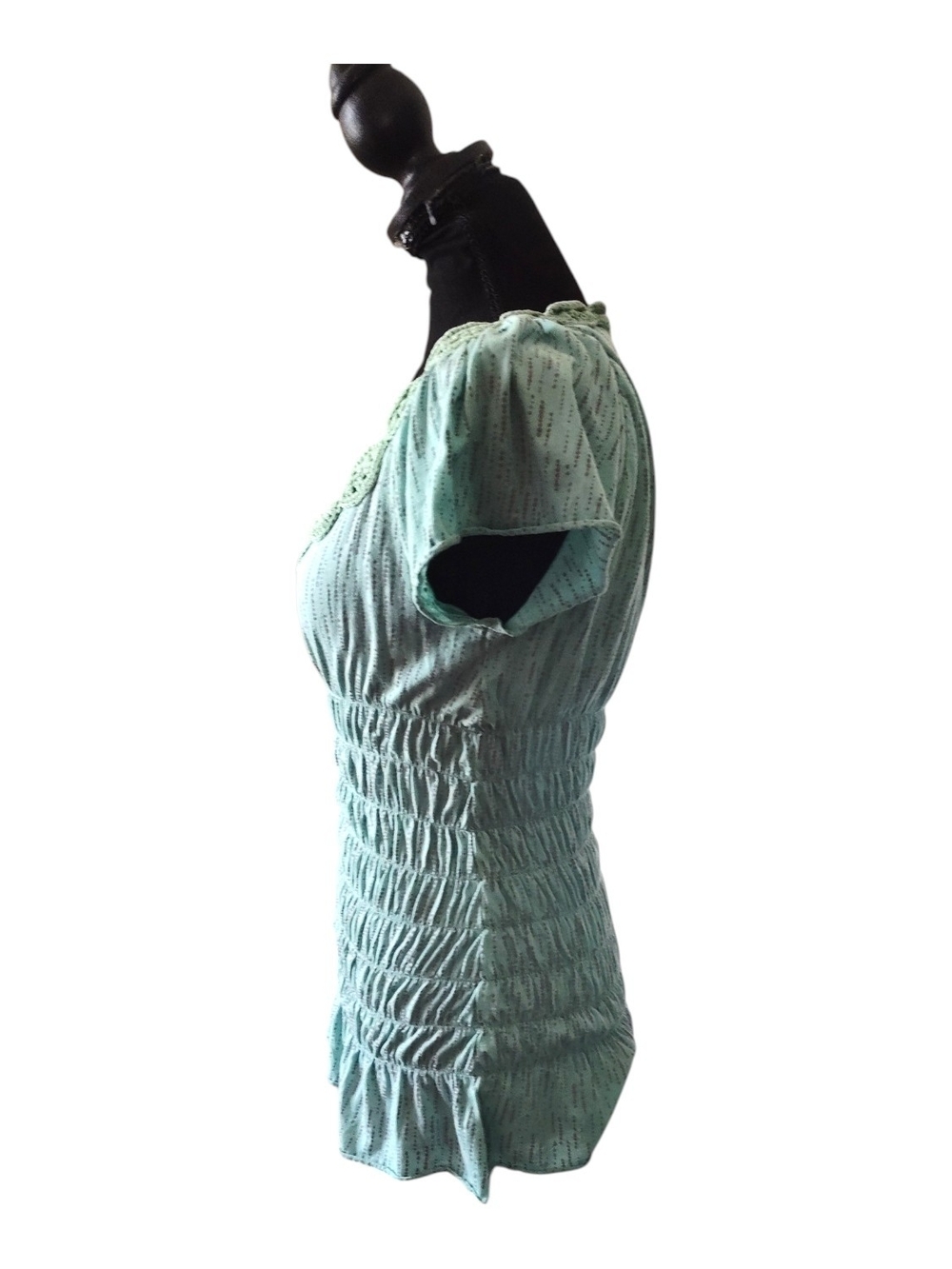 Vintage Y2K DKNY Pale Turquoise Smocked Scoop-Neck Women's Top with Crochet Trim - Picture 2 of 5